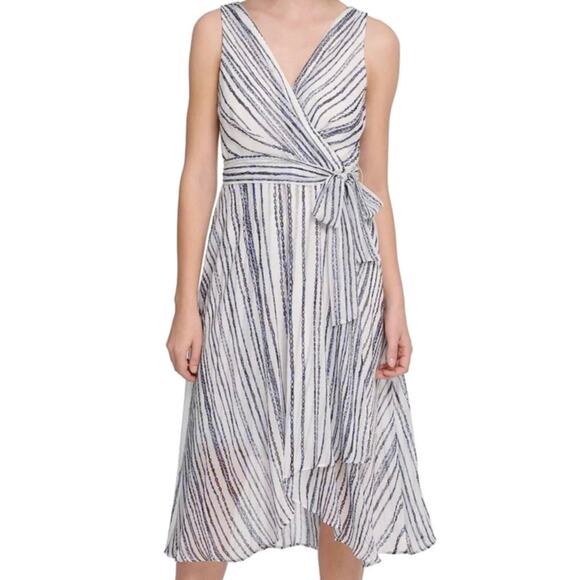 DKNY Dresses & Skirts - DKNY Wrap Dress, Blue White Chain Stripe, Sleeveless, Belted Asymmetrical Hem